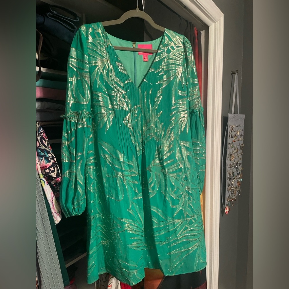 Silk green palm leaves dress